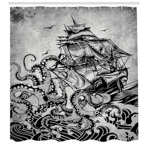 Ambesonne Nautical Octopus and Sailing Ship Shower Curtain and Bath Mat NWOT